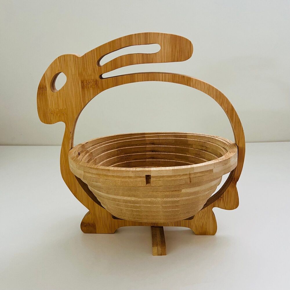 BONNIE & POP Collapsible Bamboo Rabbit Shape Fruit Basket Trivet Decorative Tray